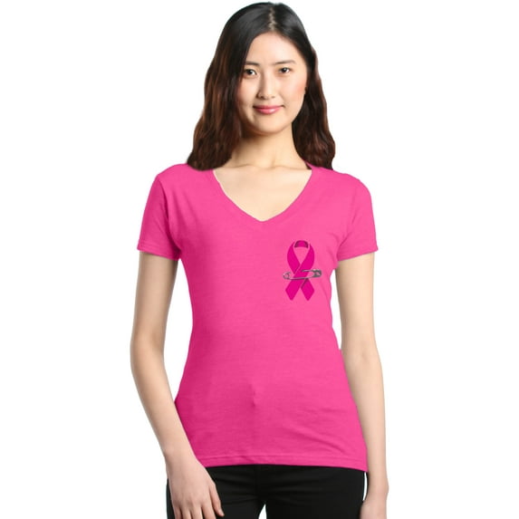 Shop4Ever Women's Pink Breast Cancer Ribbon Pin Breast Cancer Slim Fit V-Neck T-Shirt X-Small Pink