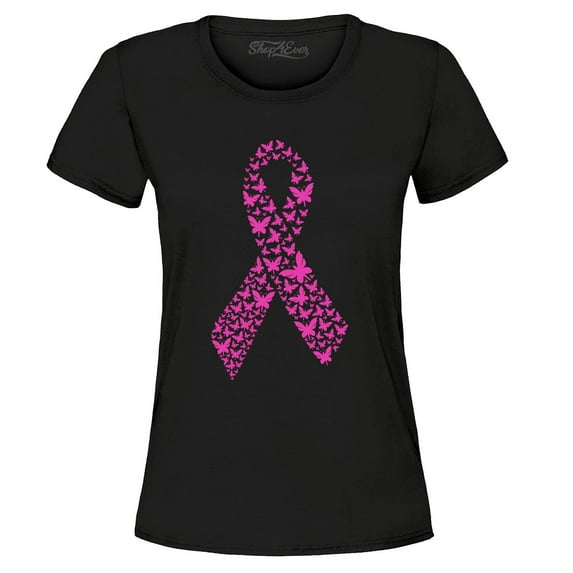 Shop4Ever Women's Pink Butterfly Ribbon Breast Cancer Awareness Graphic T-Shirt Medium Black