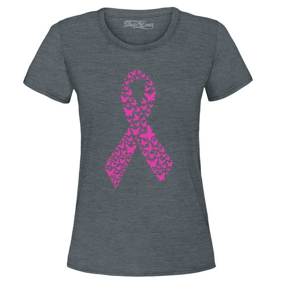 Shop4Ever Women's Pink Butterfly Ribbon Breast Cancer Awareness Graphic T-Shirt Medium Dark Heather