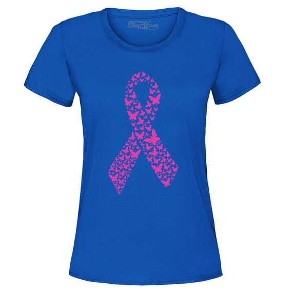 Shop4Ever Women's Pink Butterfly Ribbon Breast Cancer Awareness Graphic T-Shirt Small Royal Blue