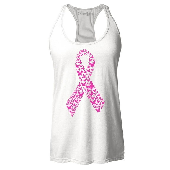 Shop4Ever Women's Pink Butterfly Ribbon Breast Cancer Awareness Racerback Tank Top Small White