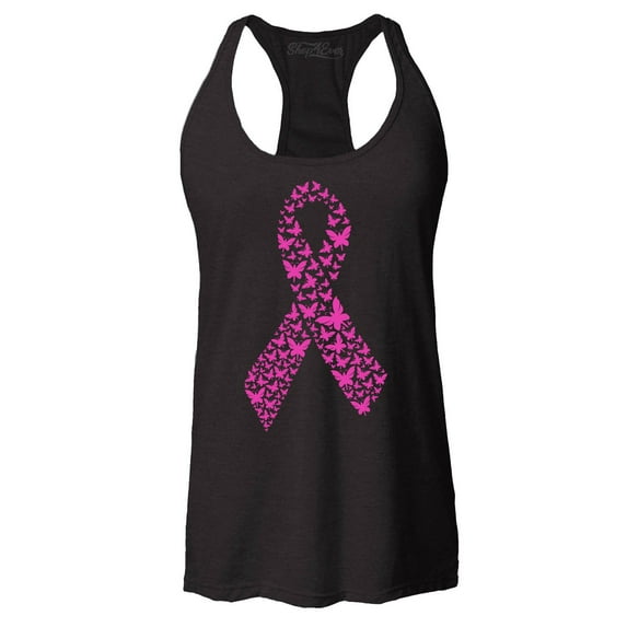 Shop4Ever Women's Pink Butterfly Ribbon Breast Cancer Awareness Racerback Tank Top XX-Large Black