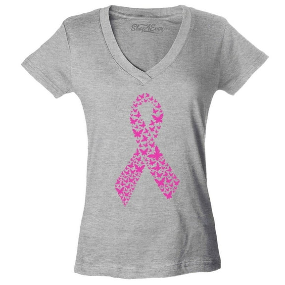 Shop4Ever Women's Pink Butterfly Ribbon Breast Cancer Awareness Slim Fit V-Neck T-Shirt Large Sports Grey