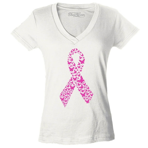 Shop4Ever Women's Pink Butterfly Ribbon Breast Cancer Awareness Slim Fit V-Neck T-Shirt Large White