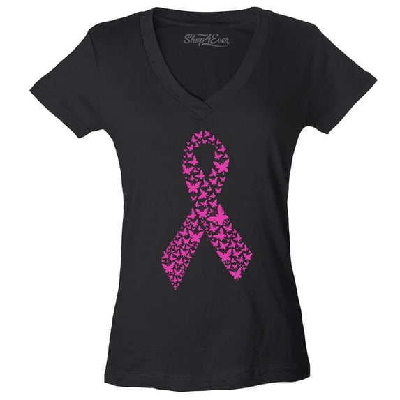 Shop4Ever Women's Pink Butterfly Ribbon Breast Cancer Awareness Slim Fit V-Neck T-Shirt X-Small Black