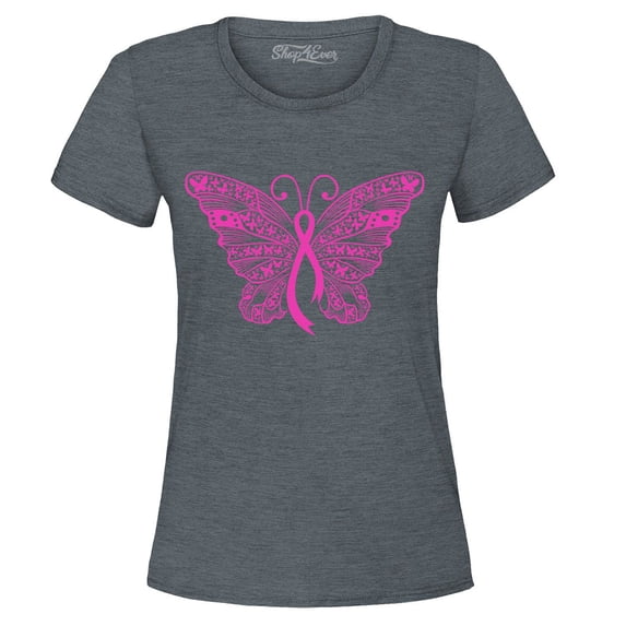 Shop4Ever Women's Pink Ribbon Butterfly Breast Cancer Awareness Graphic T-Shirt Small Dark Heather