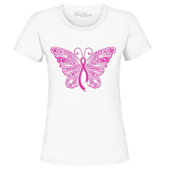 Shop4Ever Women's Pink Ribbon Butterfly Breast Cancer Awareness Graphic T-Shirt Small White