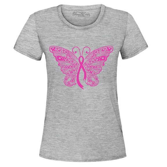 Shop4Ever Women's Pink Ribbon Butterfly Breast Cancer Awareness Graphic T-Shirt XX-Large Sports Grey