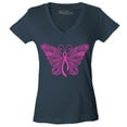 thumbnail image 1 of Shop4Ever Women's Pink Ribbon Butterfly Breast Cancer Awareness Slim Fit V-Neck T-Shirt Medium Charcoal, 1 of 5