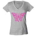 thumbnail image 1 of Shop4Ever Women's Pink Ribbon Butterfly Breast Cancer Awareness Slim Fit V-Neck T-Shirt Medium Sports Grey, 1 of 5