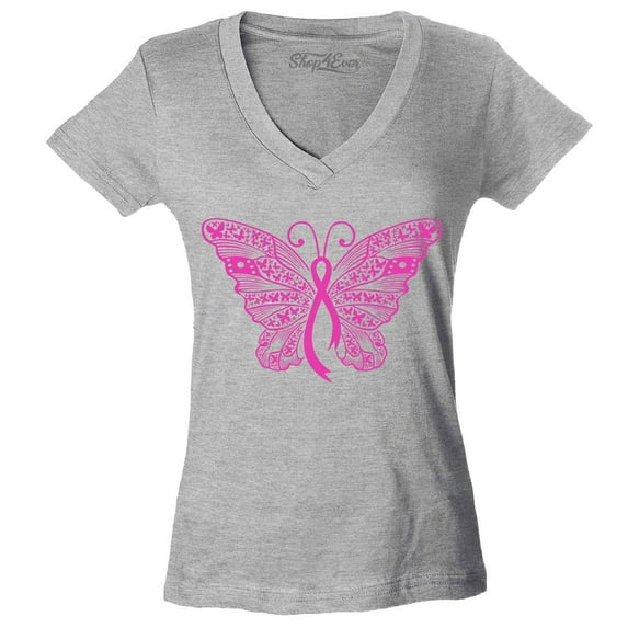 Shop4Ever Women's Pink Ribbon Butterfly Breast Cancer Awareness Slim Fit V-Neck T-Shirt Medium Sports Grey