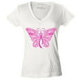 thumbnail image 1 of Shop4Ever Women's Pink Ribbon Butterfly Breast Cancer Awareness Slim Fit V-Neck T-Shirt Small White, 1 of 5