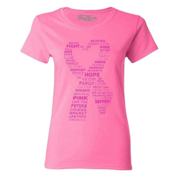 Shop4Ever Women's Pink Ribbon Heart Montage Word Cloud Breast Cancer Graphic T-Shirt Large Azalea Pink