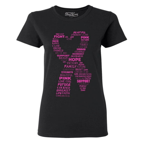 Shop4Ever Women's Pink Ribbon Heart Montage Word Cloud Breast Cancer Graphic T-Shirt XXX-Large Black