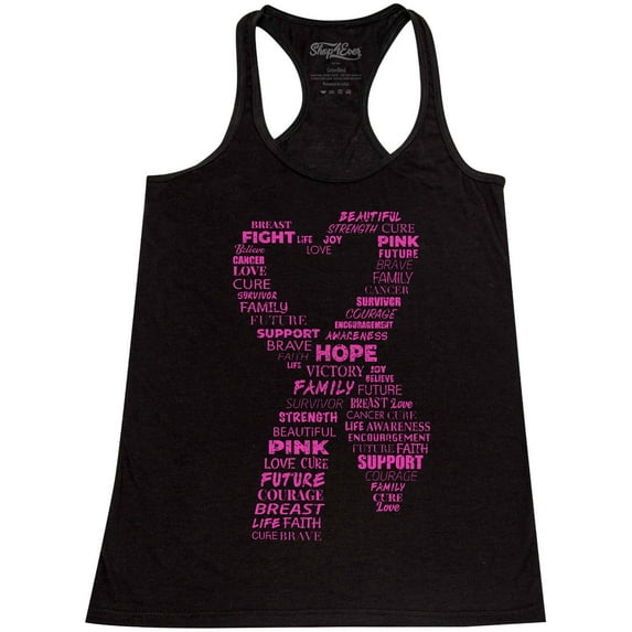 Shop4Ever Women's Pink Ribbon Heart Montage Word Cloud Breast Cancer Racerback Tank Top X-Large Black