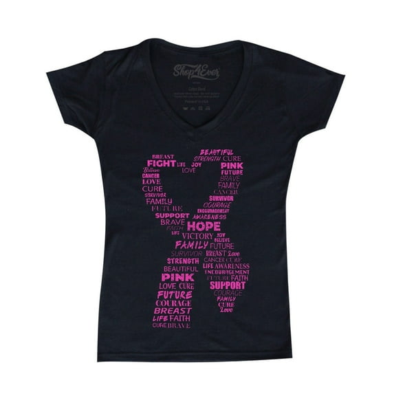 Shop4Ever Women's Pink Ribbon Heart Montage Word Cloud Breast Cancer Slim Fit V-Neck T-Shirt Large Black