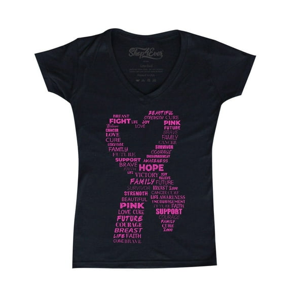 Shop4Ever Women's Pink Ribbon Heart Montage Word Cloud Breast Cancer Slim Fit V-Neck T-Shirt Medium Black