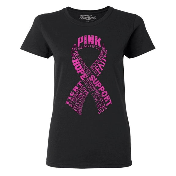 Shop4Ever Women's Pink Ribbon Montage Word Cloud Breast Cancer Graphic T-Shirt Small Black