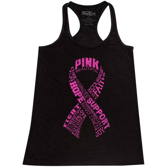 Shop4Ever Women's Pink Ribbon Montage Word Cloud Breast Cancer Racerback Tank Top X-Large Black