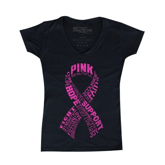 Shop4Ever Women's Pink Ribbon Montage Word Cloud Breast Cancer Slim Fit V-Neck T-Shirt Small Black