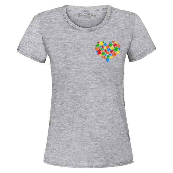 Shop4Ever Women's Pocket Size Puzzle Heart Autism Awareness Support Graphic T-Shirt Medium Sports Grey