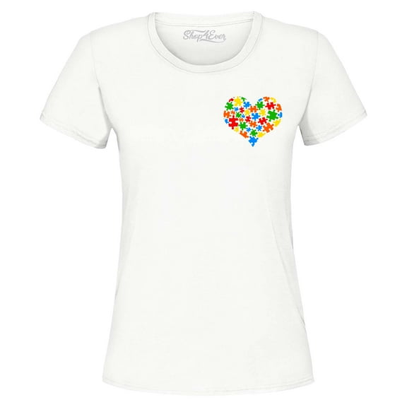 Shop4Ever Women's Pocket Size Puzzle Heart Autism Awareness Support Graphic T-Shirt Medium White