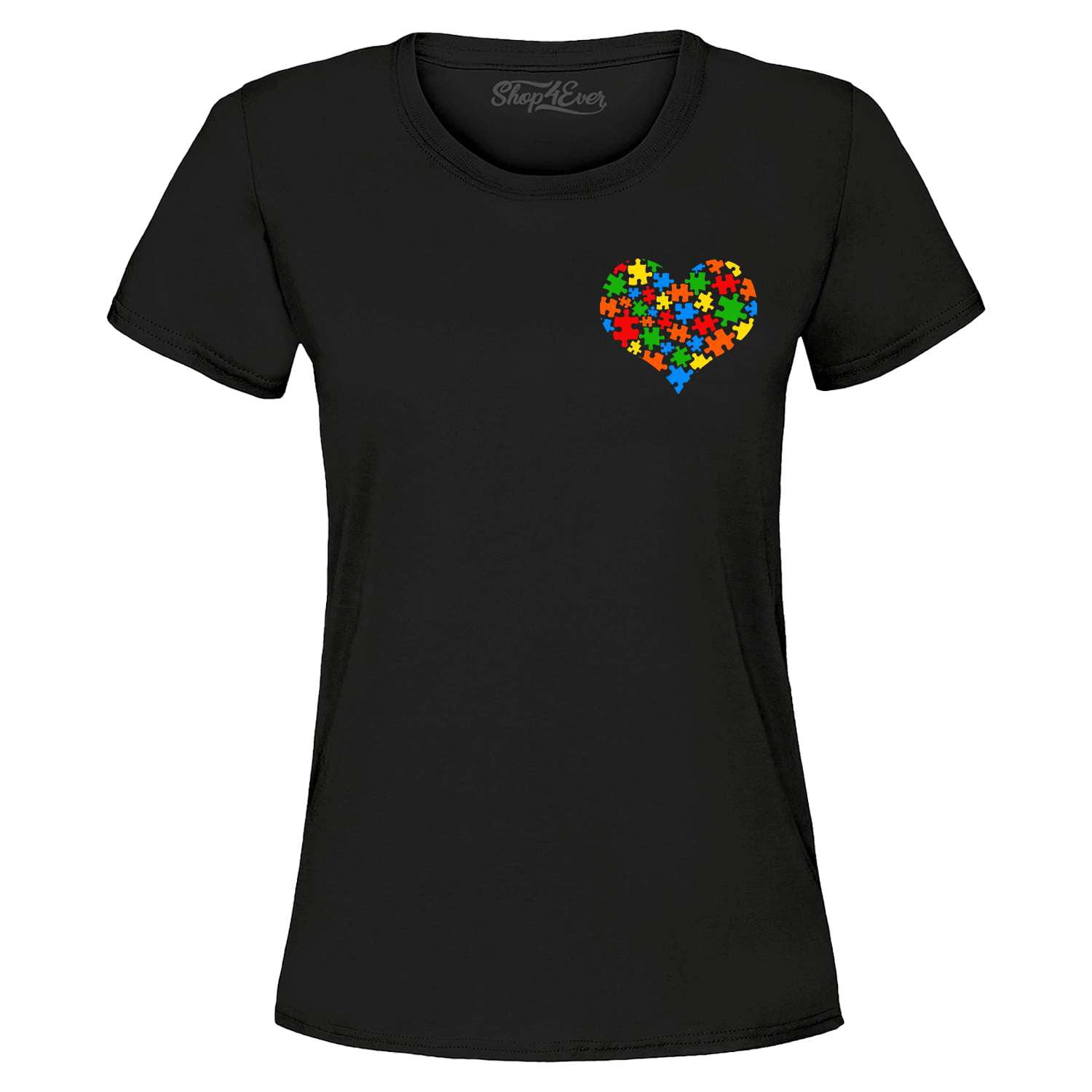 Shop4Ever Women's Pocket Size Puzzle Heart Autism Awareness Support Graphic T-Shirt XX-Large Black