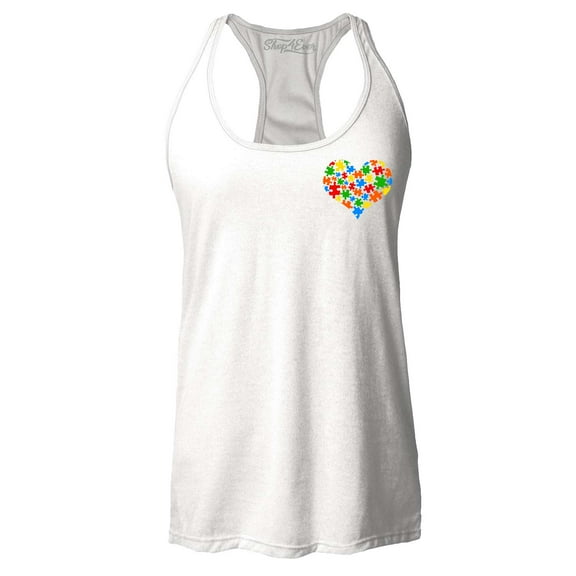 Shop4Ever Women's Pocket Size Puzzle Heart Autism Awareness Support Racerback Tank Top X-Large White