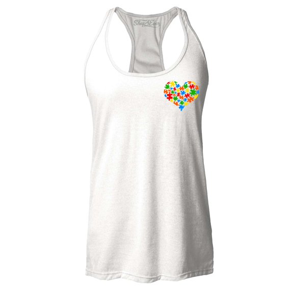 Shop4Ever Women's Pocket Size Puzzle Heart Autism Awareness Support Racerback Tank Top XX-Large White