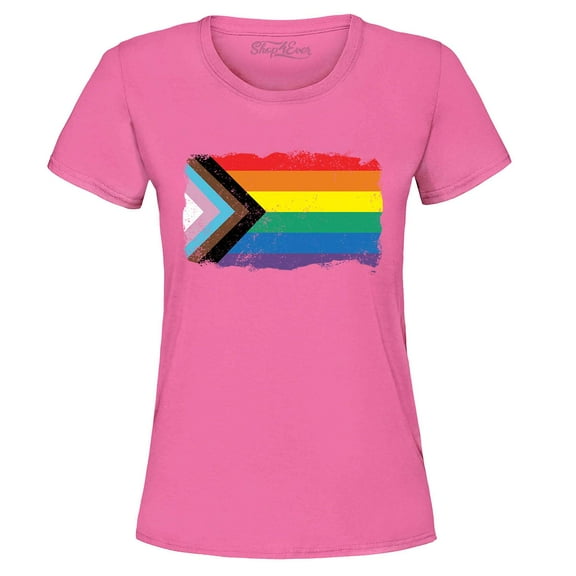 Shop4Ever Women's Progress Pride Flag Inclusive Rainbow Gay LGBTQ Graphic T-Shirt X-Large Azalea Pink