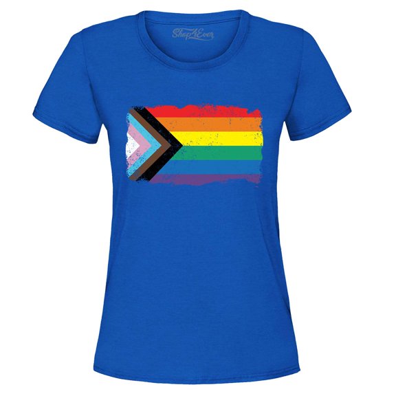 Shop4Ever Women's Progress Pride Flag Inclusive Rainbow Gay LGBTQ Graphic T-Shirt X-Large Royal Blue