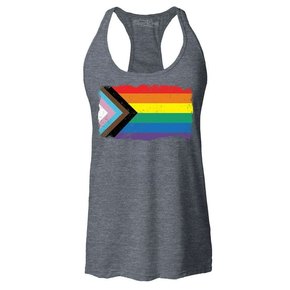 Shop4Ever Women's Progress Pride Flag Inclusive Rainbow Gay LGBTQ Racerback Tank Top Medium Charcoal