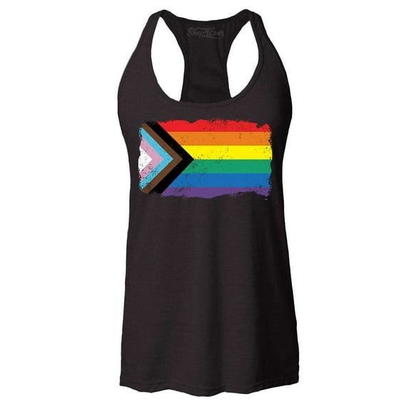 Shop4Ever Women's Progress Pride Flag Inclusive Rainbow Gay LGBTQ Racerback Tank Top X-Large Black