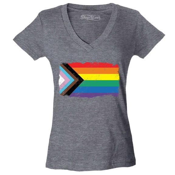 Shop4Ever Women's Progress Pride Flag Inclusive Rainbow Gay LGBTQ Slim Fit V-Neck T-Shirt Large Heather Charcoal