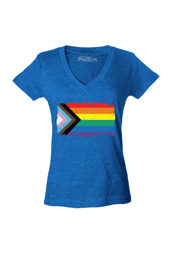 Women's Progress Pride Flag Inclusive Rainbow Gay LGBTQ Slim Fit V-Neck T-Shirt Medium Heather Royal Blue