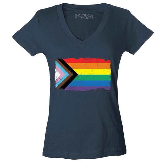 Shop4Ever Women's Progress Pride Flag Inclusive Rainbow Gay LGBTQ Slim Fit V-Neck T-Shirt Small Charcoal