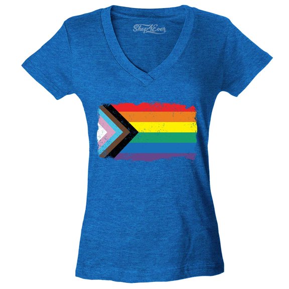 Shop4Ever Women's Progress Pride Flag Inclusive Rainbow Gay LGBTQ Slim Fit V-Neck T-Shirt Small Heather Royal Blue