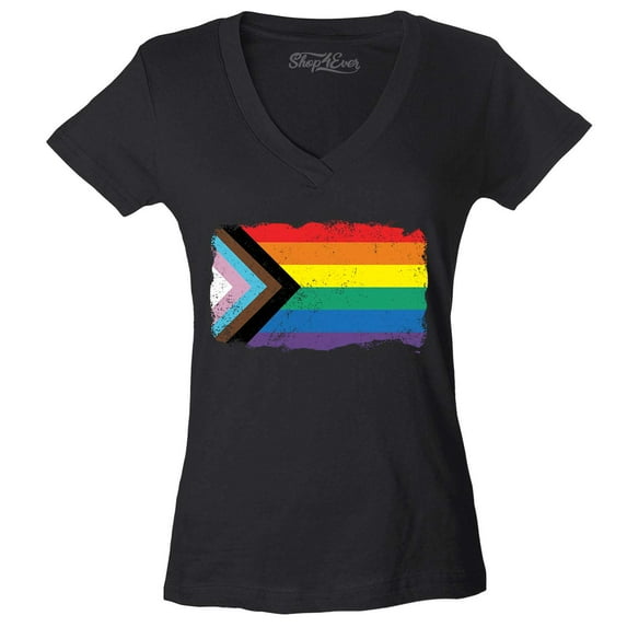 Shop4Ever Women's Progress Pride Flag Inclusive Rainbow Gay LGBTQ Slim Fit V-Neck T-Shirt X-Small Black