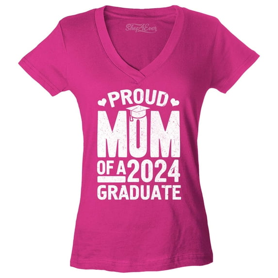 Shop4Ever Women's Proud Mom of a 2024 Graduate Mother Graduation Slim Fit V-Neck T-Shirt Medium Pink