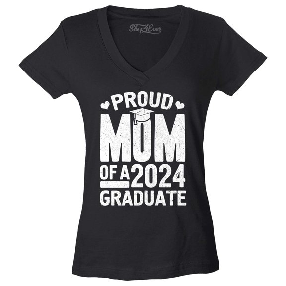 Shop4Ever Women's Proud Mom of a 2024 Graduate Mother Graduation Slim Fit V-Neck T-Shirt X-Small Black