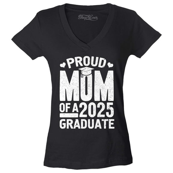 Shop4Ever Women's Proud Mom of a 2025 Graduate Graduation Slim Fit V-Neck T-Shirt Large Black