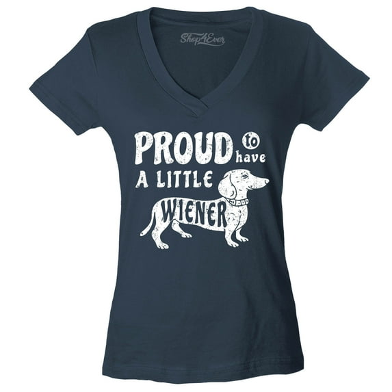 Shop4Ever Women's Proud to Have a Little Weiner Funny Dachshund Dog Slim Fit V-Neck T-Shirt Medium Charcoal