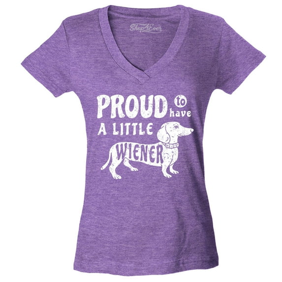 Shop4Ever Women's Proud to Have a Little Weiner Funny Dachshund Dog Slim Fit V-Neck T-Shirt X-Large Heather Purple