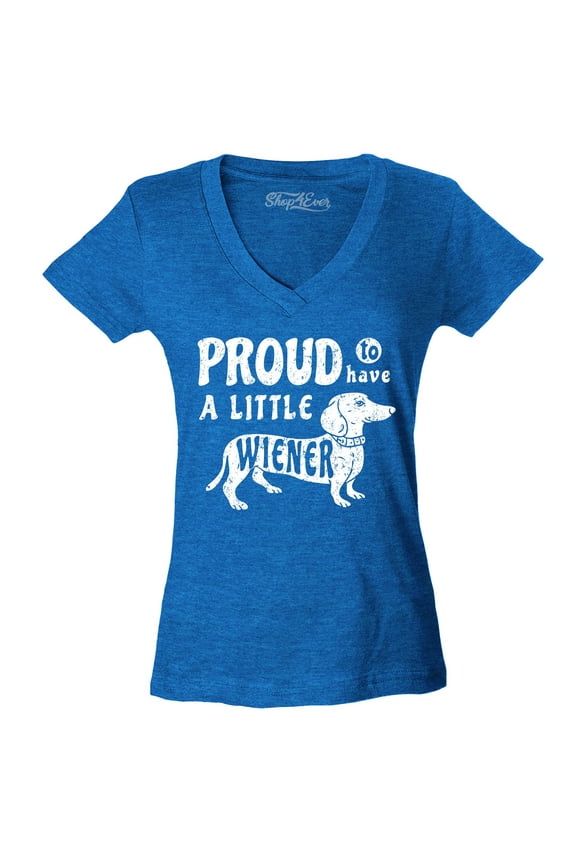 Women's Proud to Have a Little Weiner Funny Dachshund Dog Slim Fit V-Neck T-Shirt X-Large Heather Royal Blue