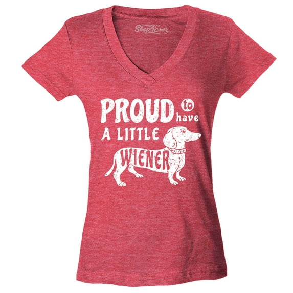Shop4Ever Women's Proud to Have a Little Weiner Funny Dachshund Dog Slim Fit V-Neck T-Shirt XX-Large Heather Red