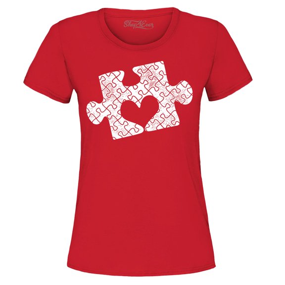 Shop4Ever Women's Puzzle Heart Autism Awareness Graphic T-Shirt X-Large Red