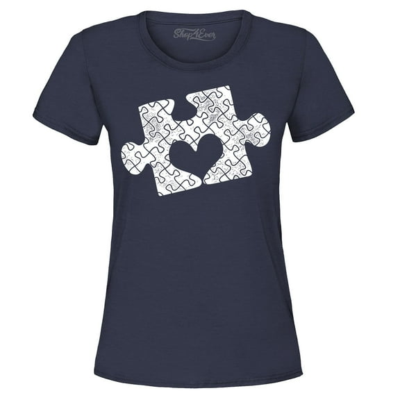 Shop4Ever Women's Puzzle Heart Autism Awareness Graphic T-Shirt XXX-Large Navy