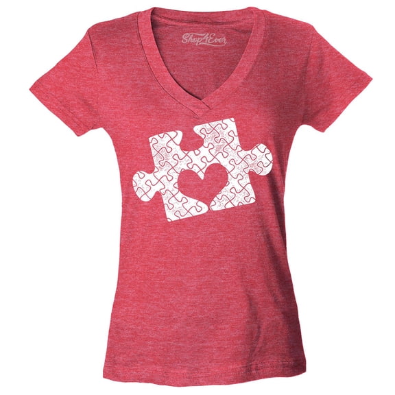 Shop4Ever Women's Puzzle Heart Autism Awareness Slim Fit V-Neck T-Shirt Medium Heather Red