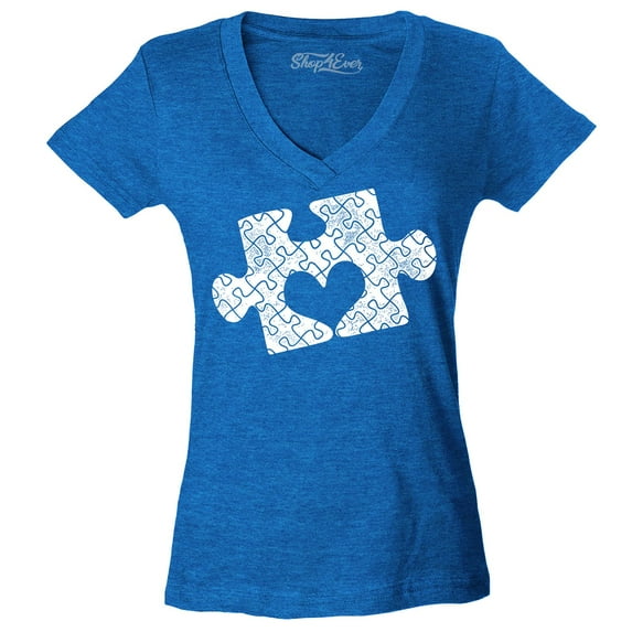 Shop4Ever Women's Puzzle Heart Autism Awareness Slim Fit V-Neck T-Shirt X-Large Heather Royal Blue