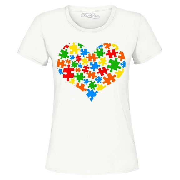 Shop4Ever Women's Puzzle Heart Support Autism Awareness Graphic T-Shirt X-Large White